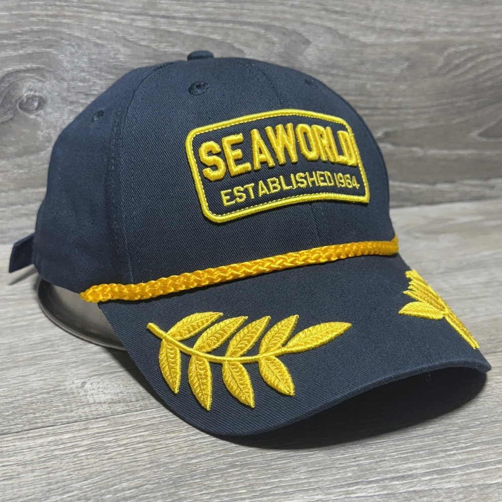 SeaWorld Hat Cap Strap Back Navy Gold Embroidered Patch Rope Captain Leaf Mens